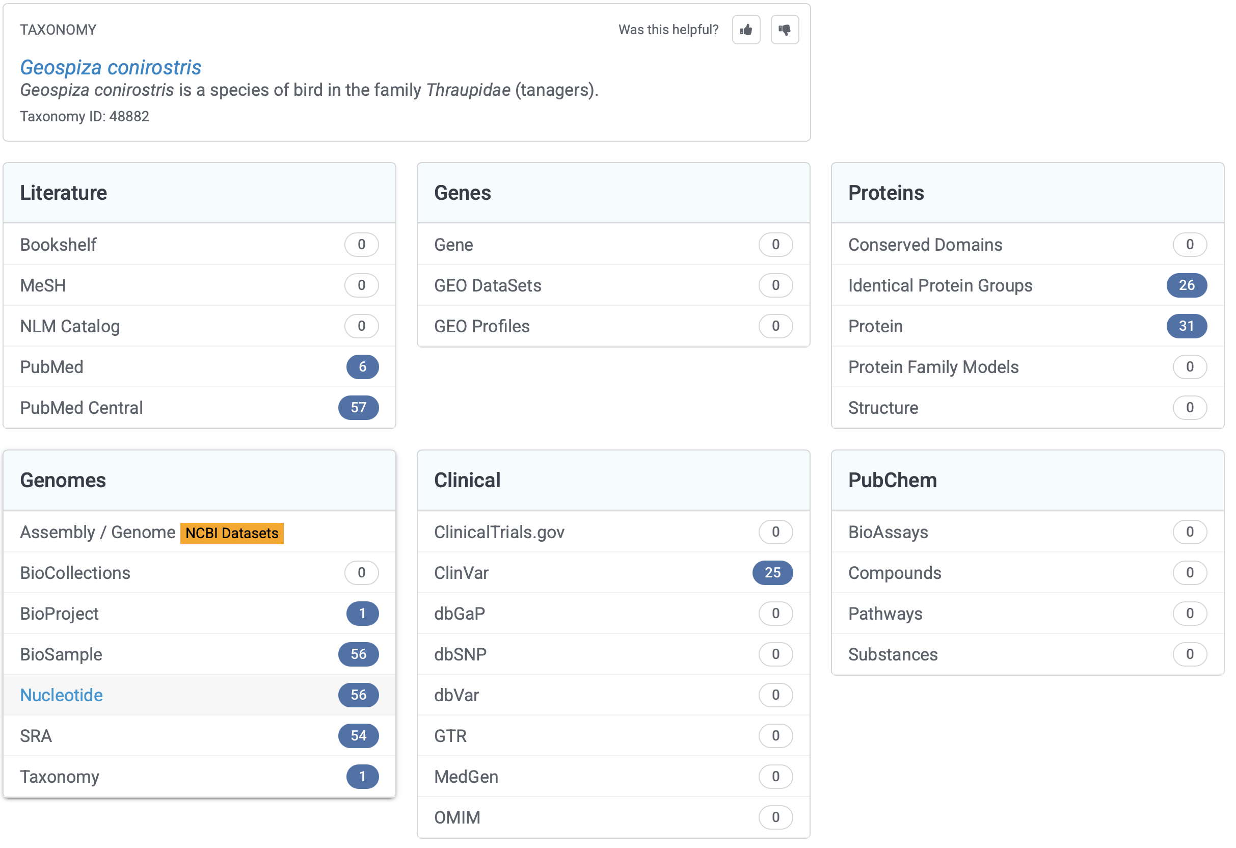 The search results from GenBank for the finch, “Geospiza conirostris”.