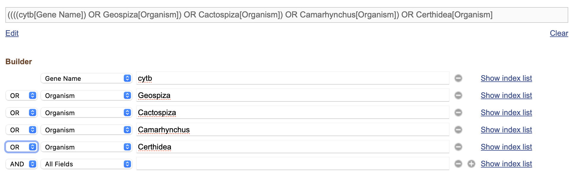 A GenBank advanced search. Note, that as you enter names into the Builder, a text version of your search query is built directly above!