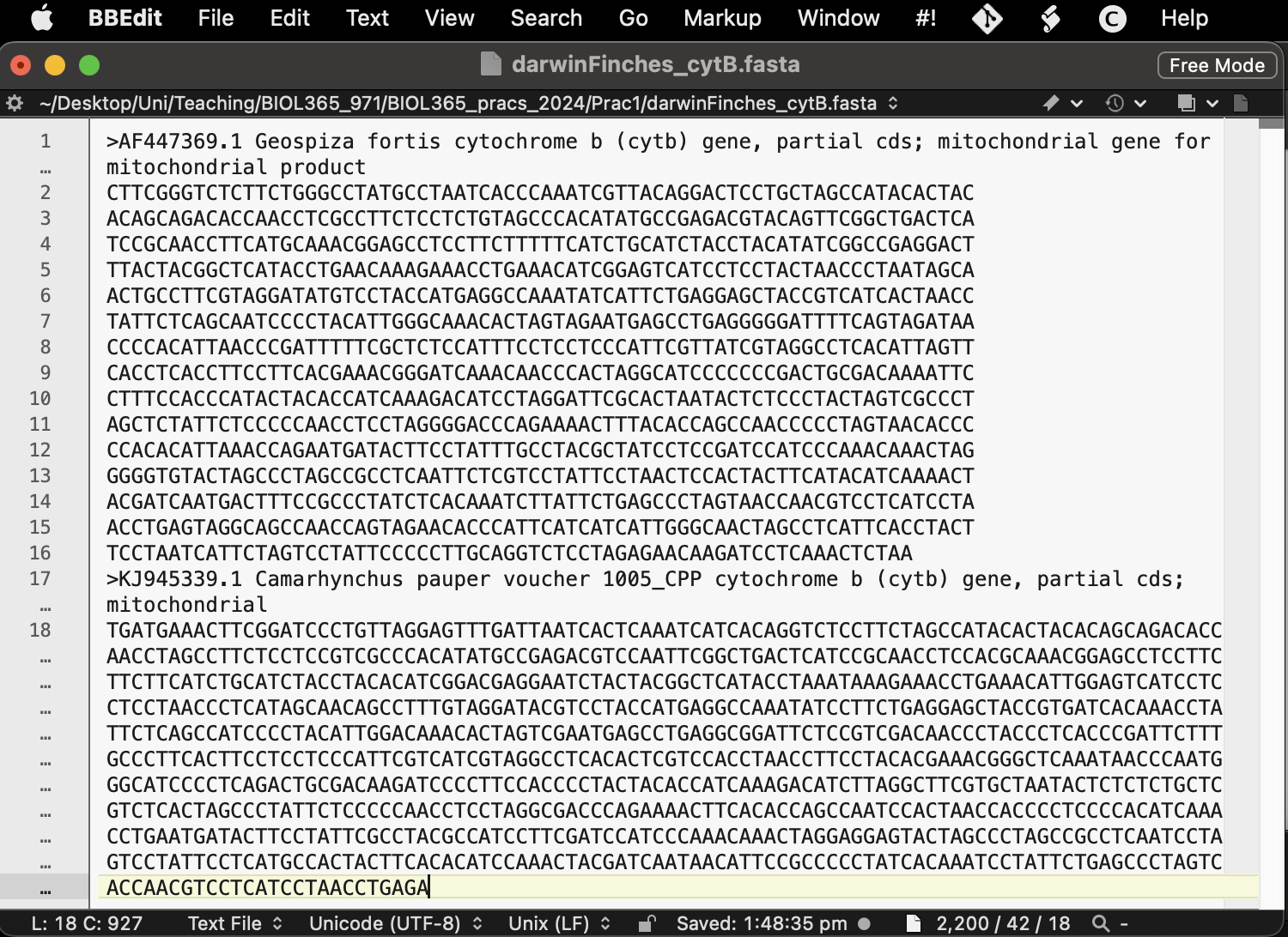 Here are three sequences copied into one fasta file. the lines of DNA can either be hard-wrapped (line breaks in-line; top sequence) or not (i.e., one long bit of sequence without any line breaks; bottom sequence).