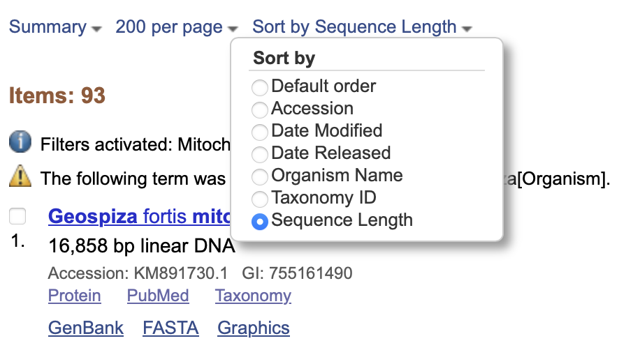 Sort GenBank results by length also note that’s i’ve chosen to display 200 records per page.